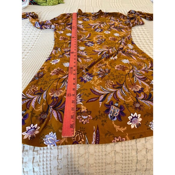 Mudd Dress Size Large Warm Gold & Purple Print Long Sleeve Stretchy Work Casual - Picture 11 of 12
